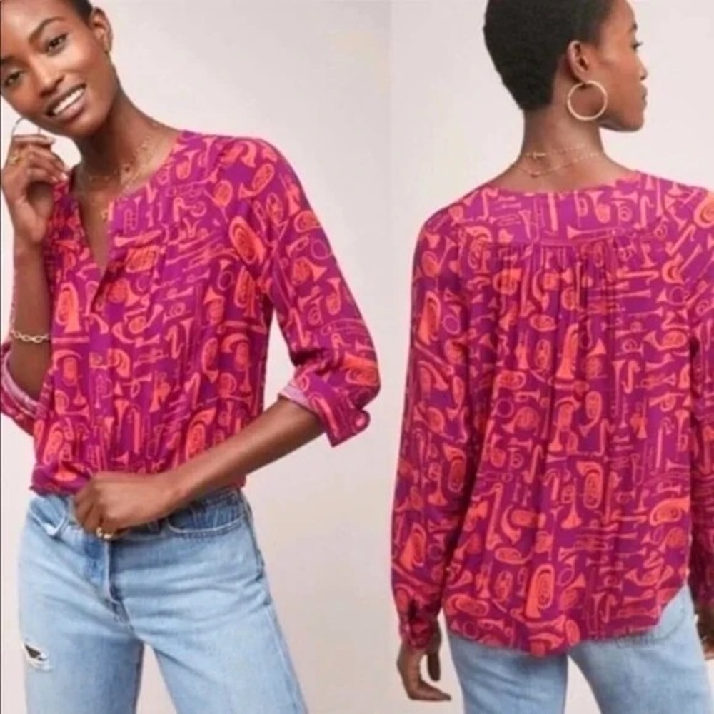 Anthropologie 52 Conversations Toot your Horn Blouse Top Shirt sz 2 Musical